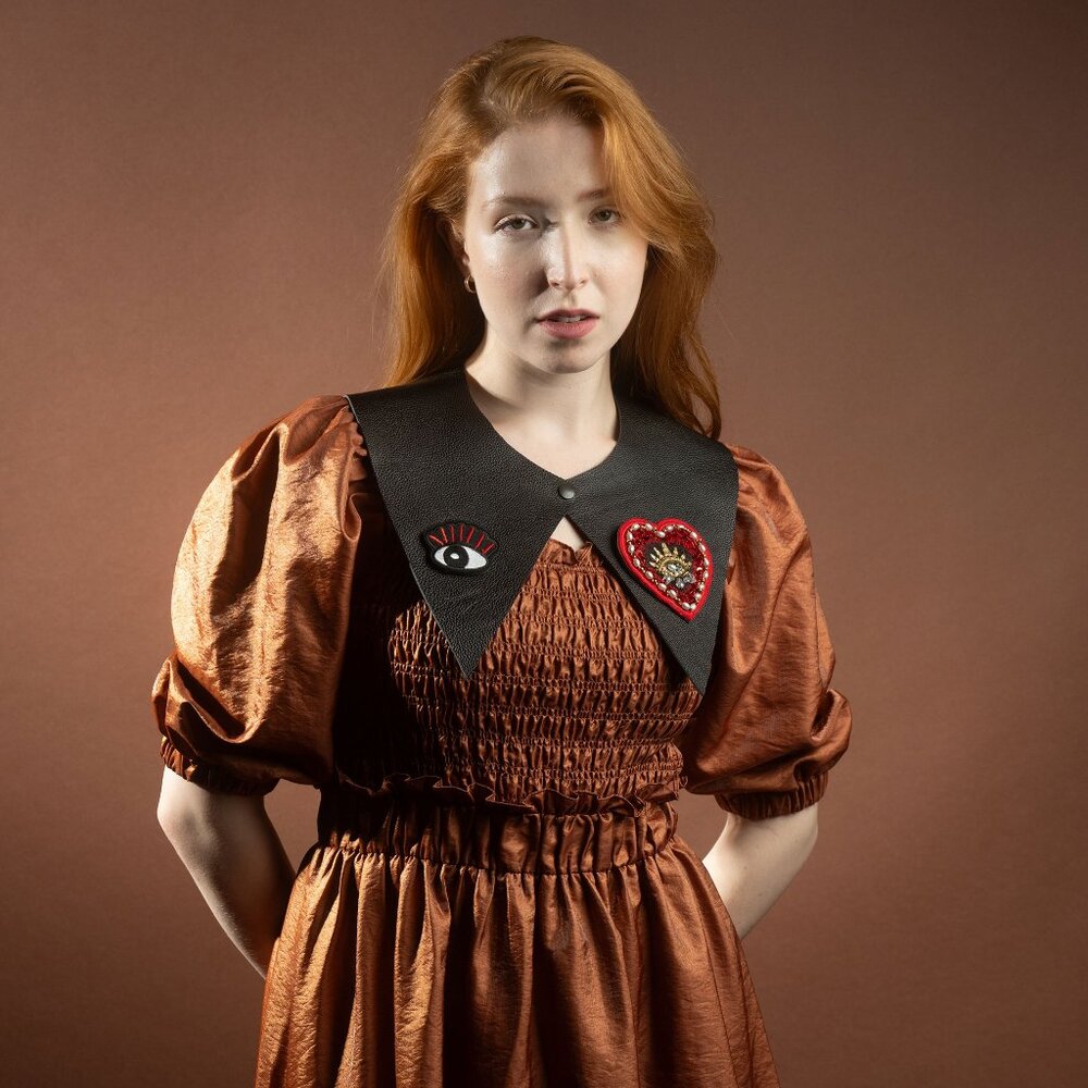 Handmade Upcycled Leather Detachable Collar with Two Patches - "Hearts and Eyes"